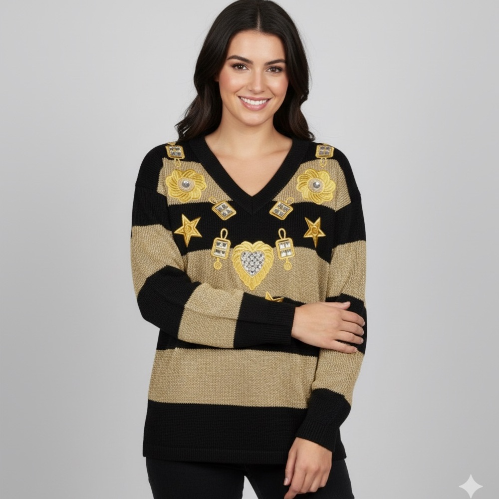 NEW XES-NY Gold & Black Striped Sweater Mob Wife Avant Garde